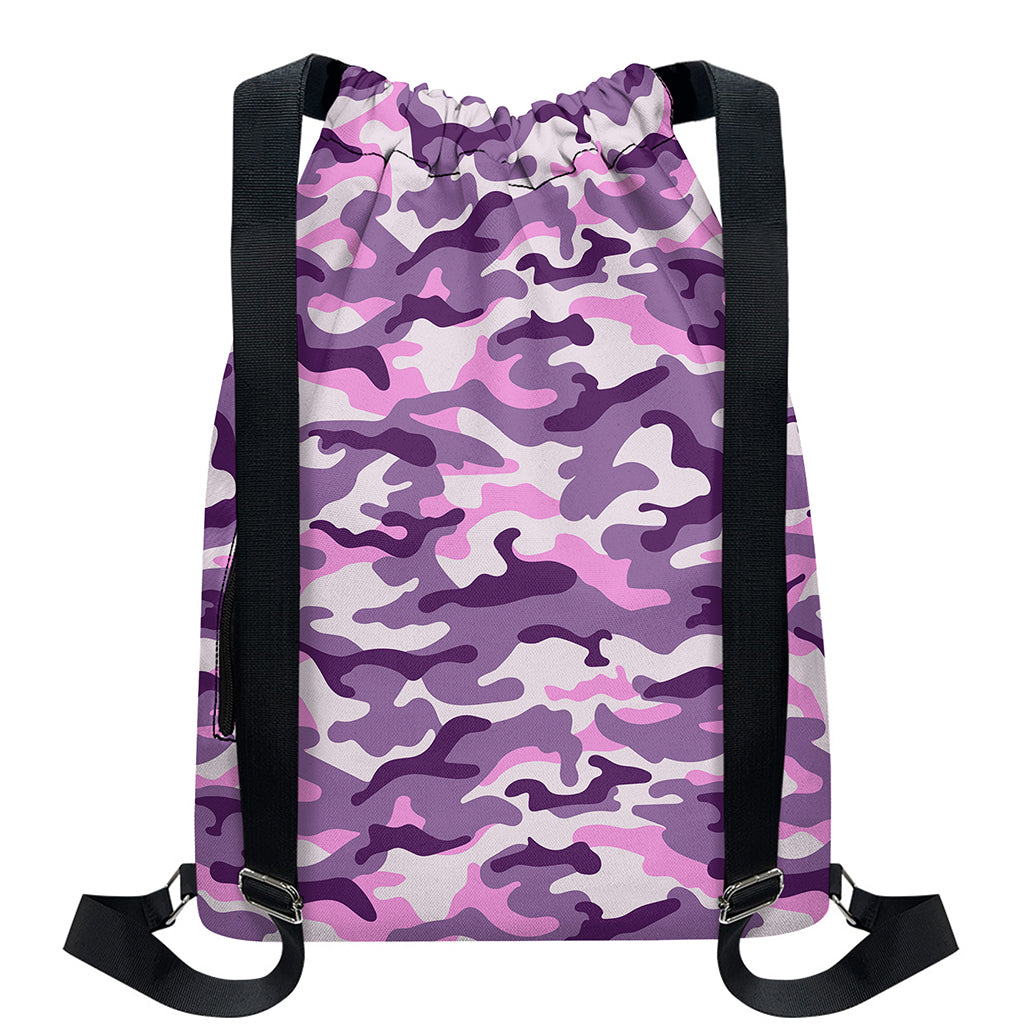 Pink Purple And Grey Camouflage Print Drawstring Backpack