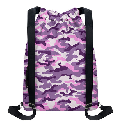 Pink Purple And Grey Camouflage Print Drawstring Backpack