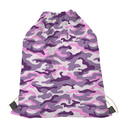 Pink Purple And Grey Camouflage Print Drawstring Bag