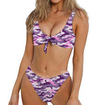Pink Purple And Grey Camouflage Print Front Bow Tie Bikini
