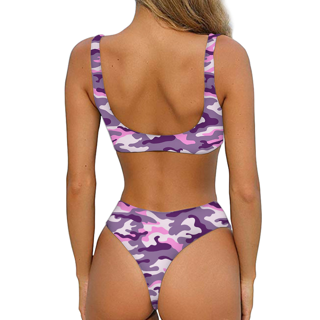 Pink Purple And Grey Camouflage Print Front Bow Tie Bikini
