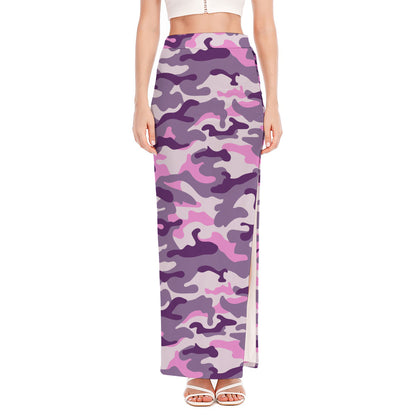 Pink Purple And Grey Camouflage Print High Slit Maxi Skirt
