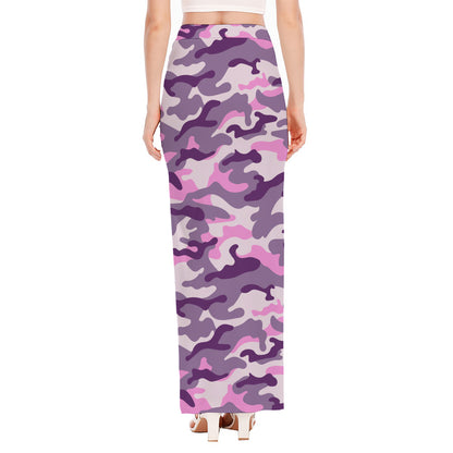 Pink Purple And Grey Camouflage Print High Slit Maxi Skirt