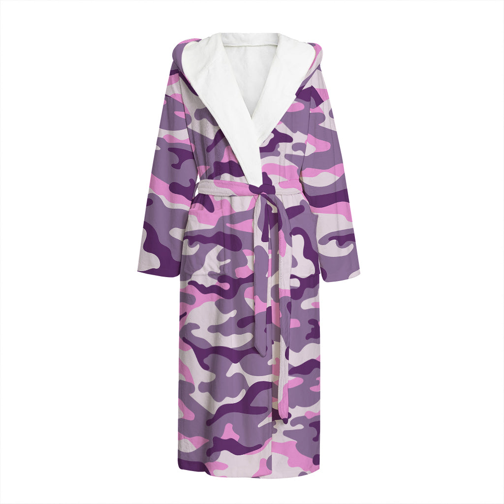 Pink Purple And Grey Camouflage Print Hooded Bathrobe