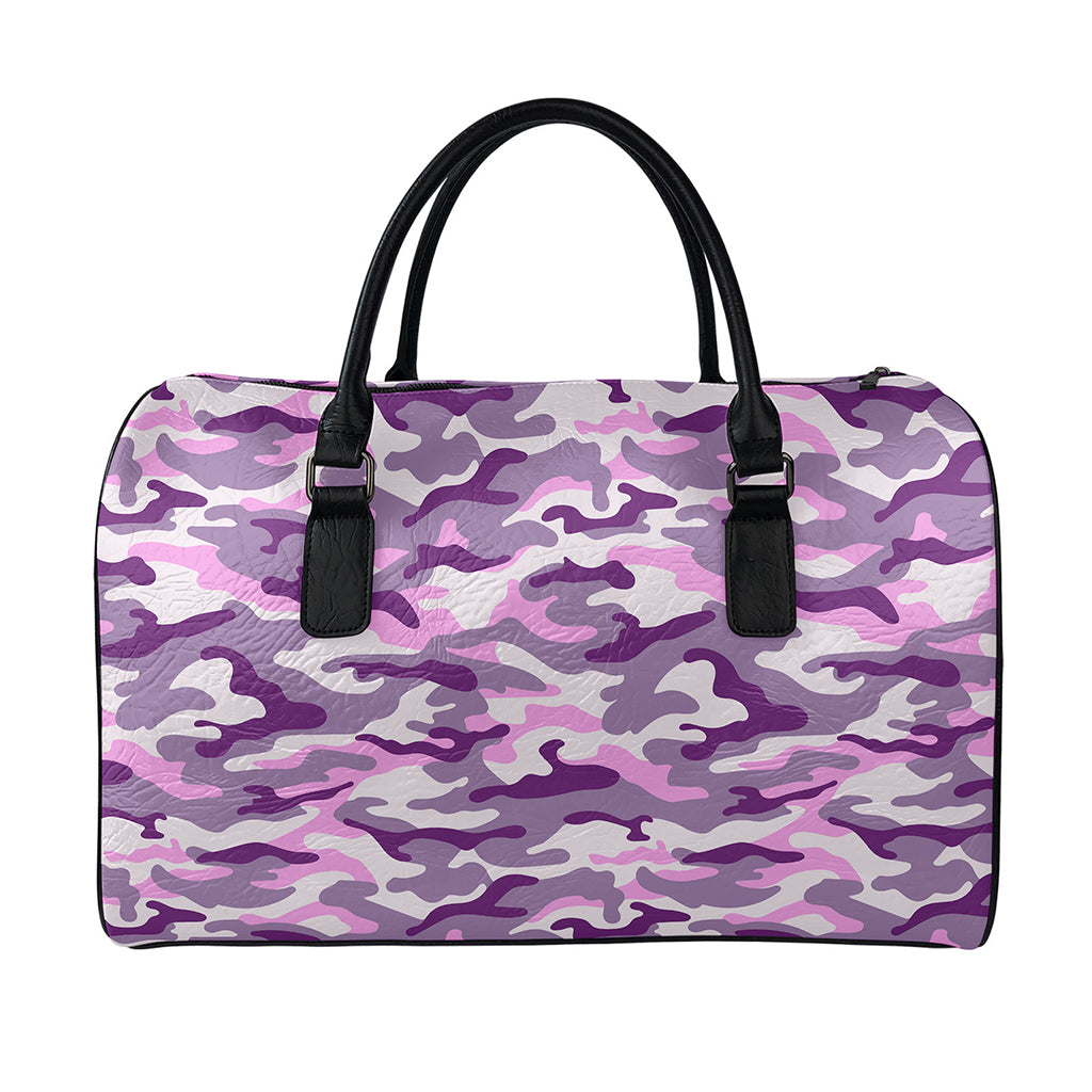 Pink Purple And Grey Camouflage Print Leather Duffle Bag