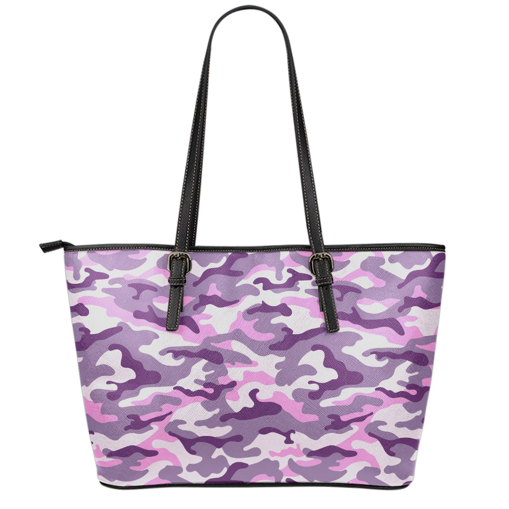 Pink Purple And Grey Camouflage Print Leather Tote Bag
