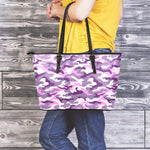 Pink Purple And Grey Camouflage Print Leather Tote Bag