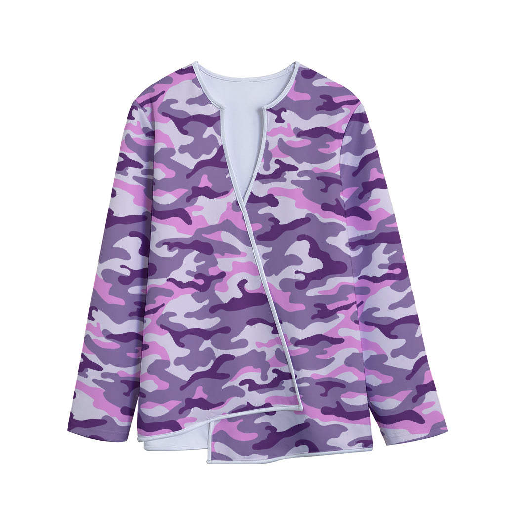 Pink Purple And Grey Camouflage Print Long Sleeve Short Coat