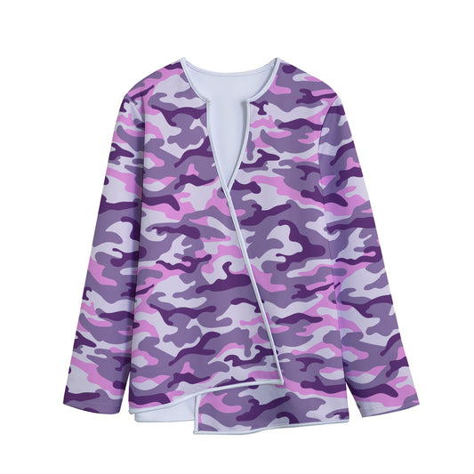Pink Purple And Grey Camouflage Print Long Sleeve Short Coat
