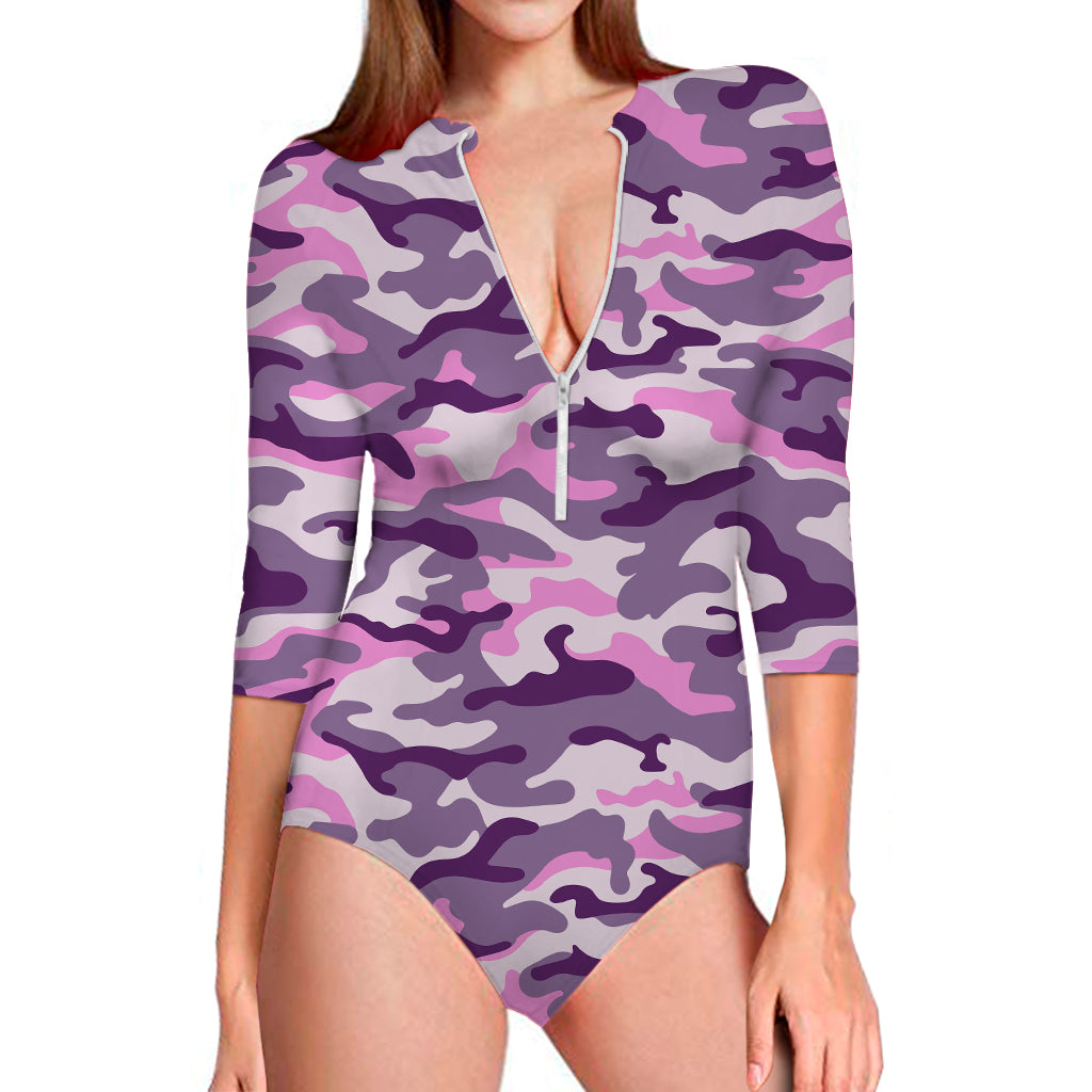 Pink Purple And Grey Camouflage Print Long Sleeve Swimsuit