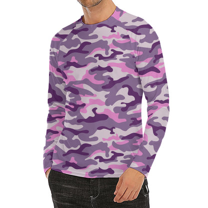 Pink Purple And Grey Camouflage Print Men's Long Sleeve Rash Guard