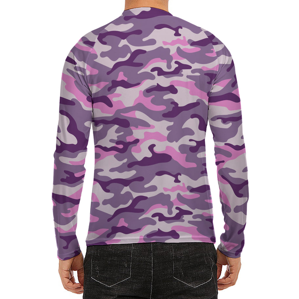 Pink Purple And Grey Camouflage Print Men's Long Sleeve Rash Guard