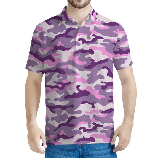 Pink Purple And Grey Camouflage Print Men's Polo Shirt