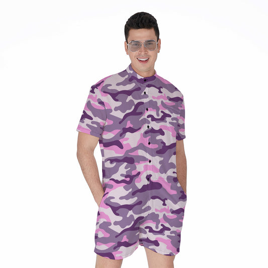 Pink Purple And Grey Camouflage Print Men's Rompers