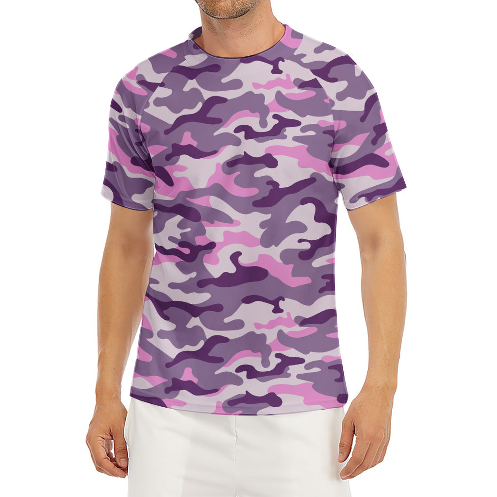Pink Purple And Grey Camouflage Print Men's Short Sleeve Rash Guard