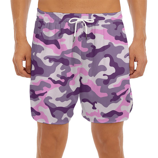 Pink Purple And Grey Camouflage Print Men's Split Running Shorts