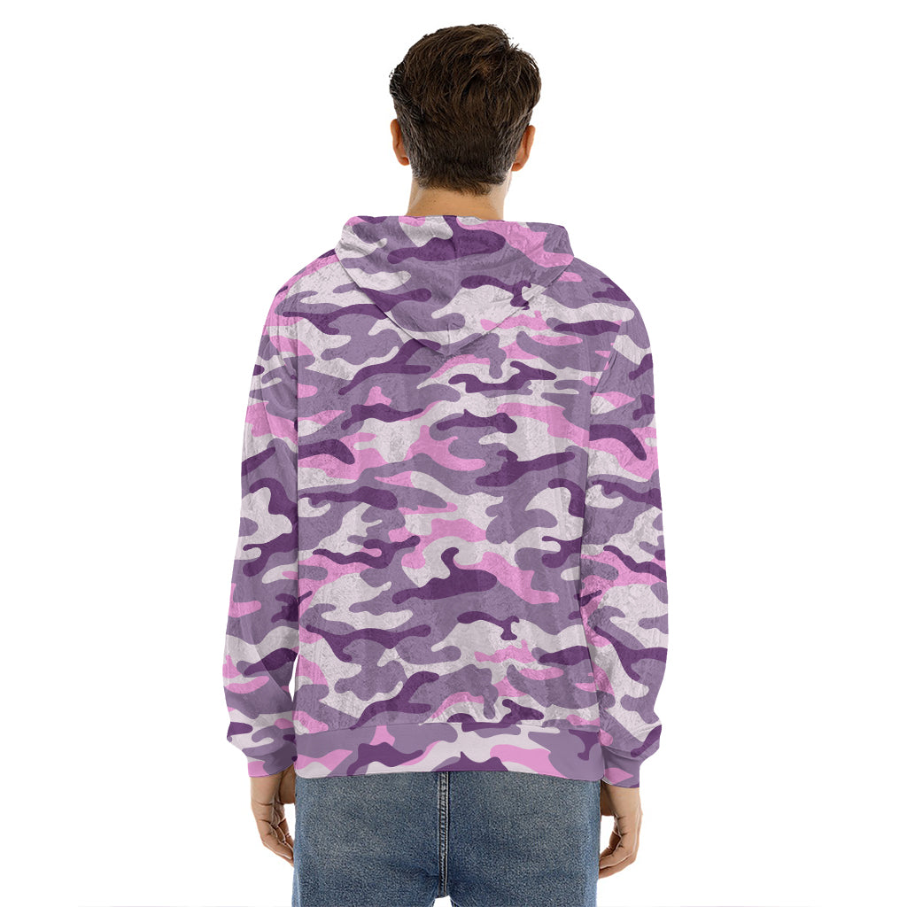 Pink Purple And Grey Camouflage Print Men's Velvet Pullover Hoodie