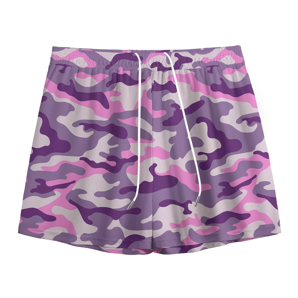 Pink Purple And Grey Camouflage Print Mesh Shorts