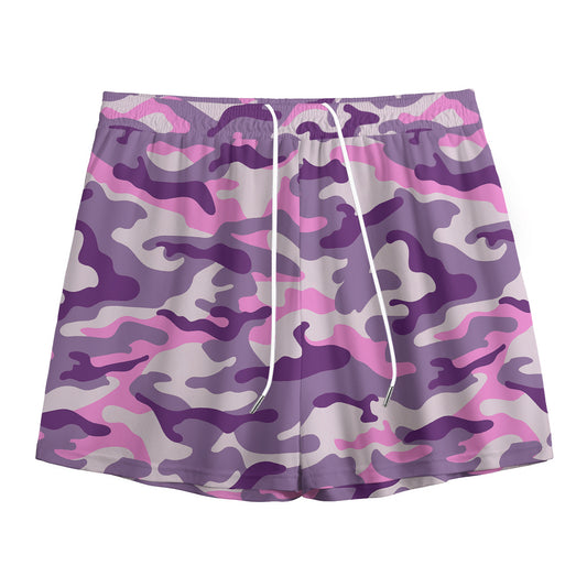 Pink Purple And Grey Camouflage Print Mesh Shorts