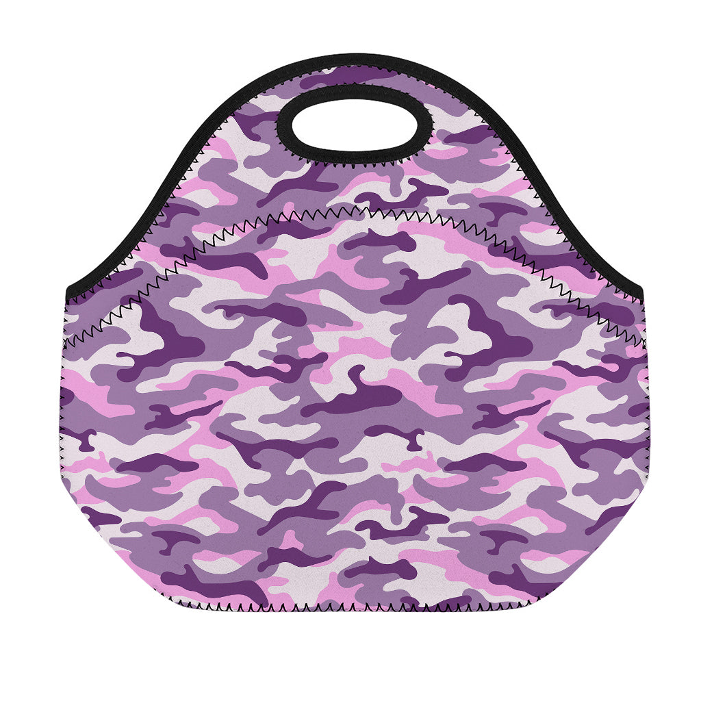 Pink Purple And Grey Camouflage Print Neoprene Lunch Bag
