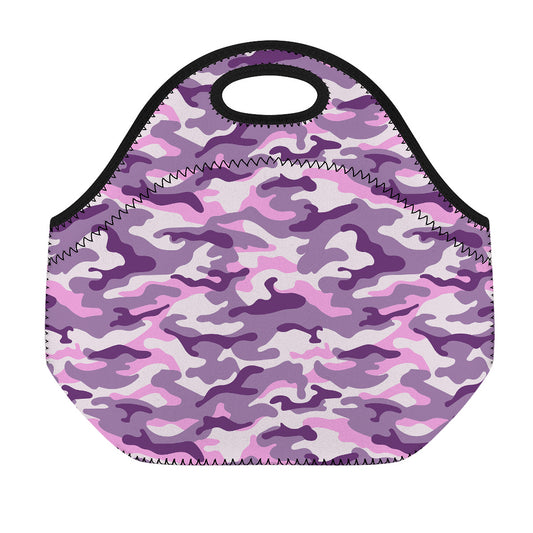 Pink Purple And Grey Camouflage Print Neoprene Lunch Bag