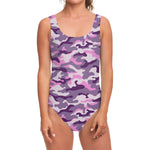 Pink Purple And Grey Camouflage Print One Piece Swimsuit