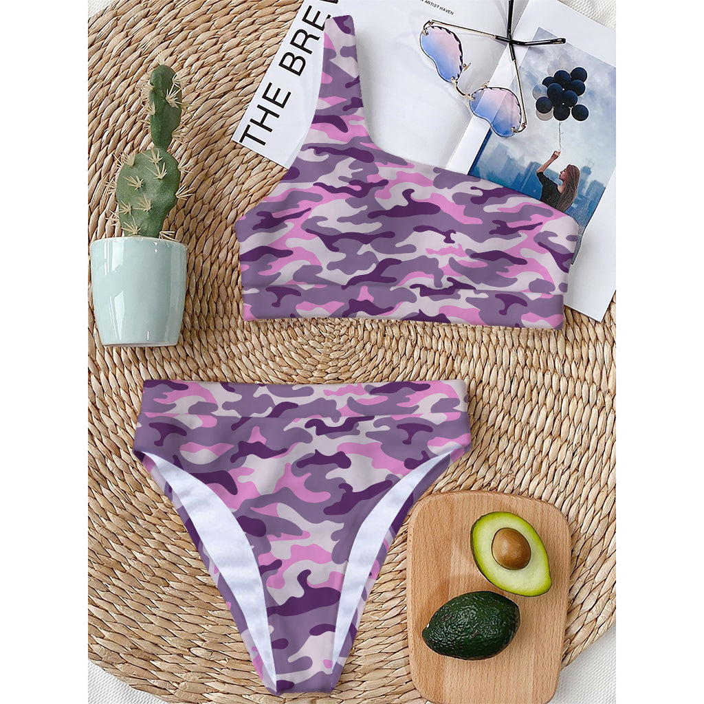 Pink Purple And Grey Camouflage Print One Shoulder Bikini Top