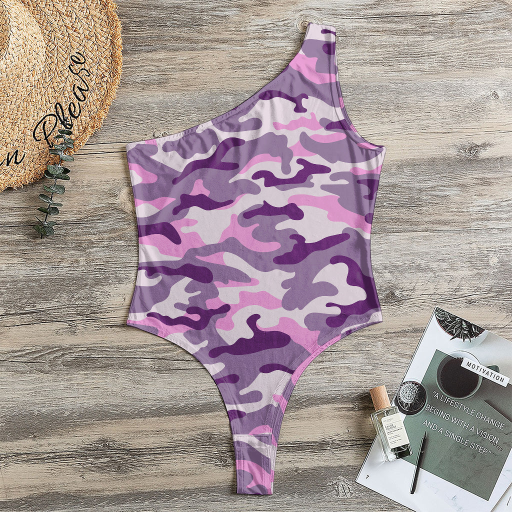 Pink Purple And Grey Camouflage Print One Shoulder Bodysuit