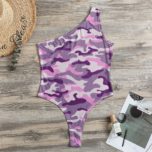 Pink Purple And Grey Camouflage Print One Shoulder Bodysuit