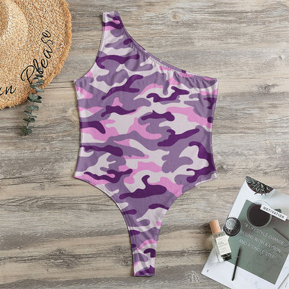 Pink Purple And Grey Camouflage Print One Shoulder Bodysuit