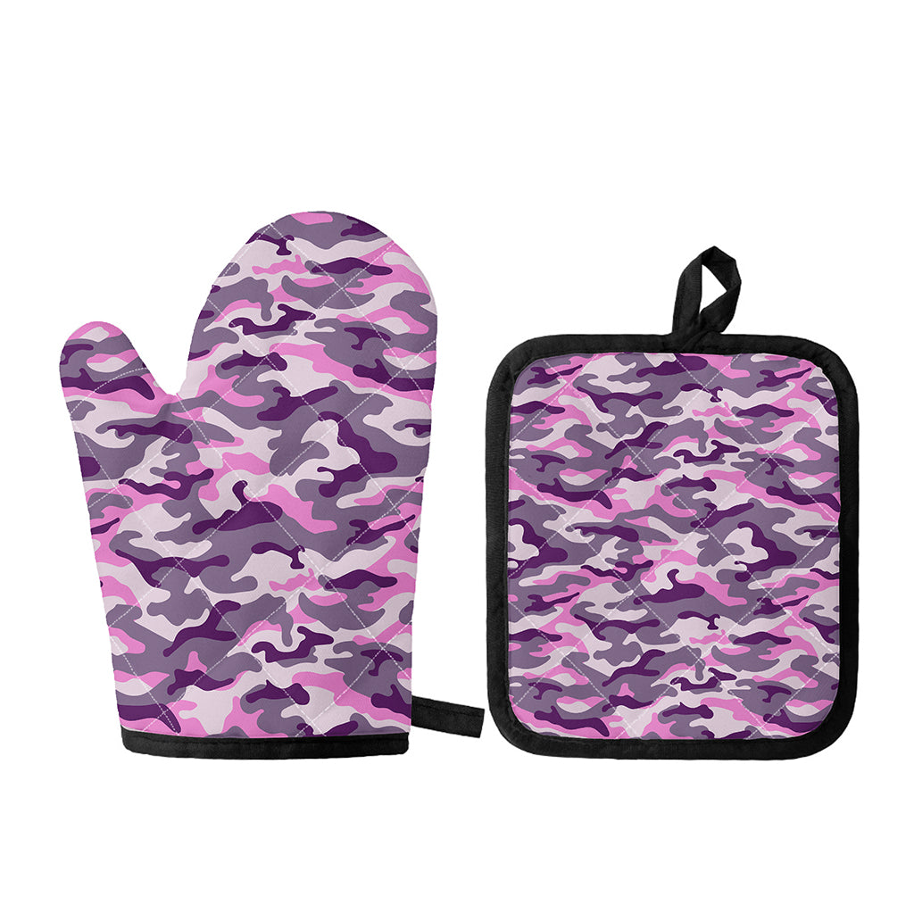 Pink Purple And Grey Camouflage Print Oven Mitt And Pot Holder Set