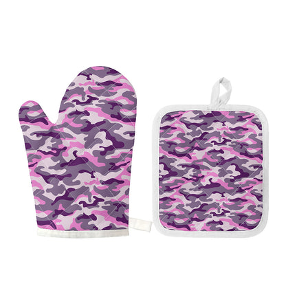 Pink Purple And Grey Camouflage Print Oven Mitt And Pot Holder Set