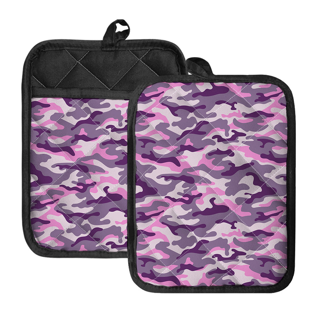 Pink Purple And Grey Camouflage Print Pot Holders With Pocket