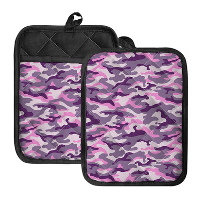 Pink Purple And Grey Camouflage Print Pot Holders With Pocket