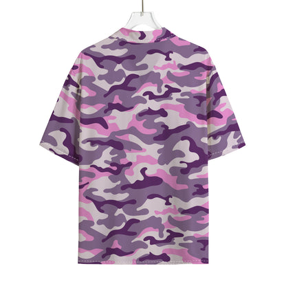 Pink Purple And Grey Camouflage Print Rayon Hawaiian Shirt