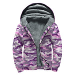 Pink Purple And Grey Camouflage Print Sherpa Lined Zip Up Hoodie
