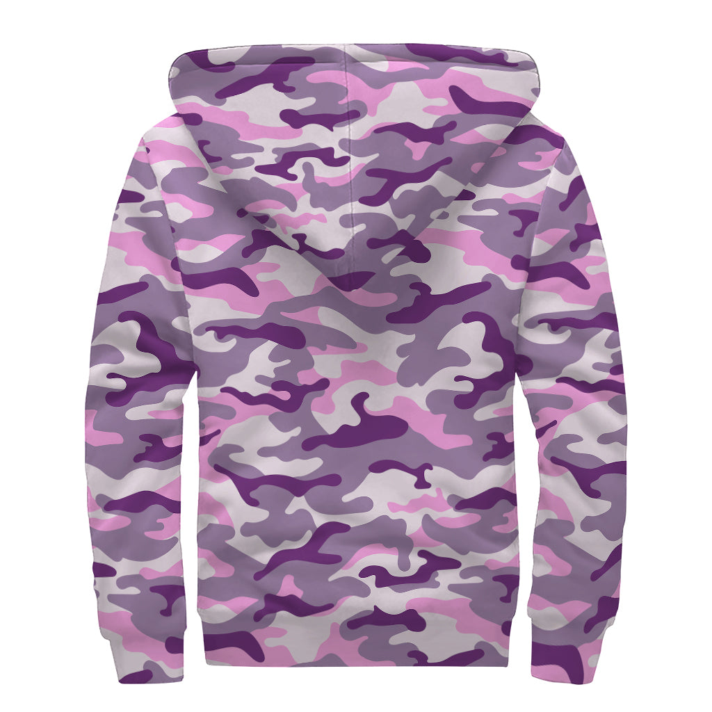 Pink Purple And Grey Camouflage Print Sherpa Lined Zip Up Hoodie