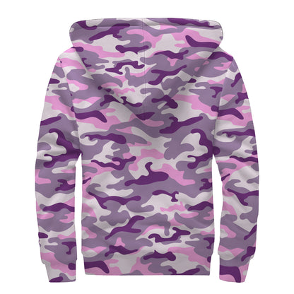 Pink Purple And Grey Camouflage Print Sherpa Lined Zip Up Hoodie