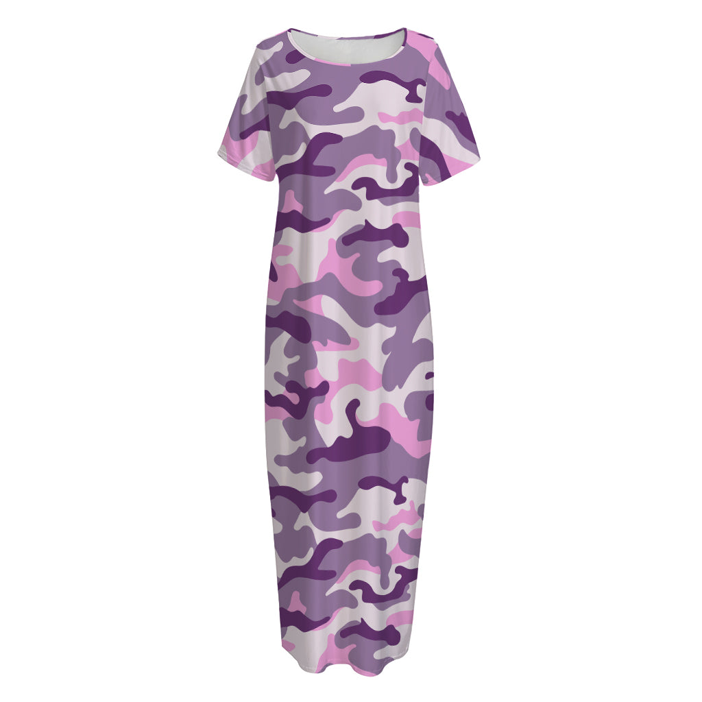 Pink Purple And Grey Camouflage Print Short Sleeve Long Nightdress