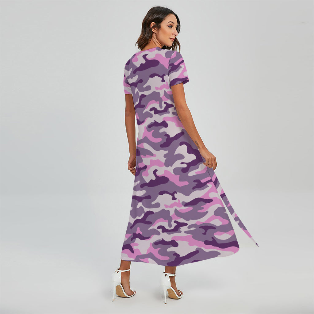 Pink Purple And Grey Camouflage Print Short Sleeve Maxi Dress