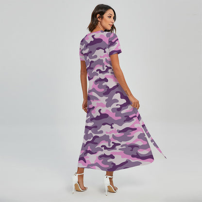 Pink Purple And Grey Camouflage Print Short Sleeve Maxi Dress