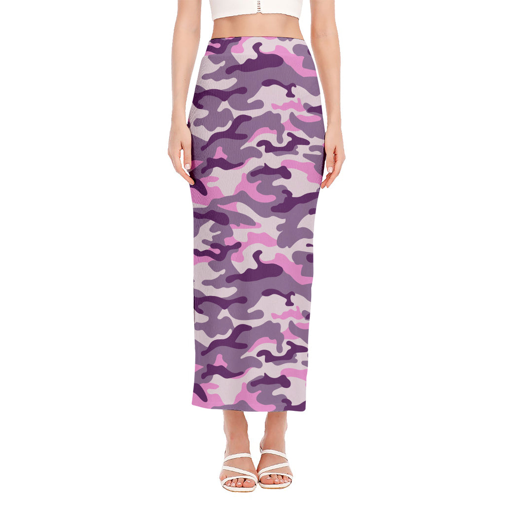 Pink Purple And Grey Camouflage Print Side Slit Maxi Skirt