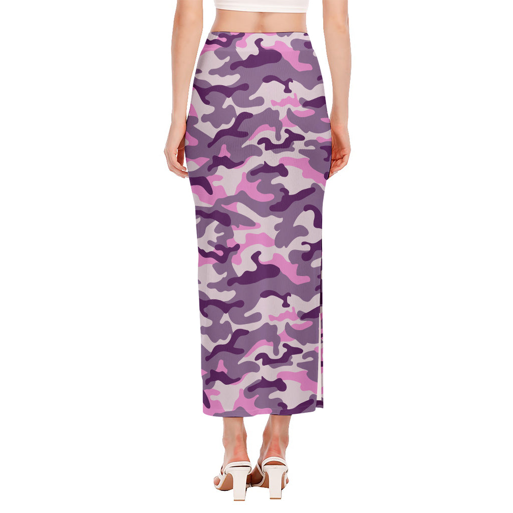 Pink Purple And Grey Camouflage Print Side Slit Maxi Skirt