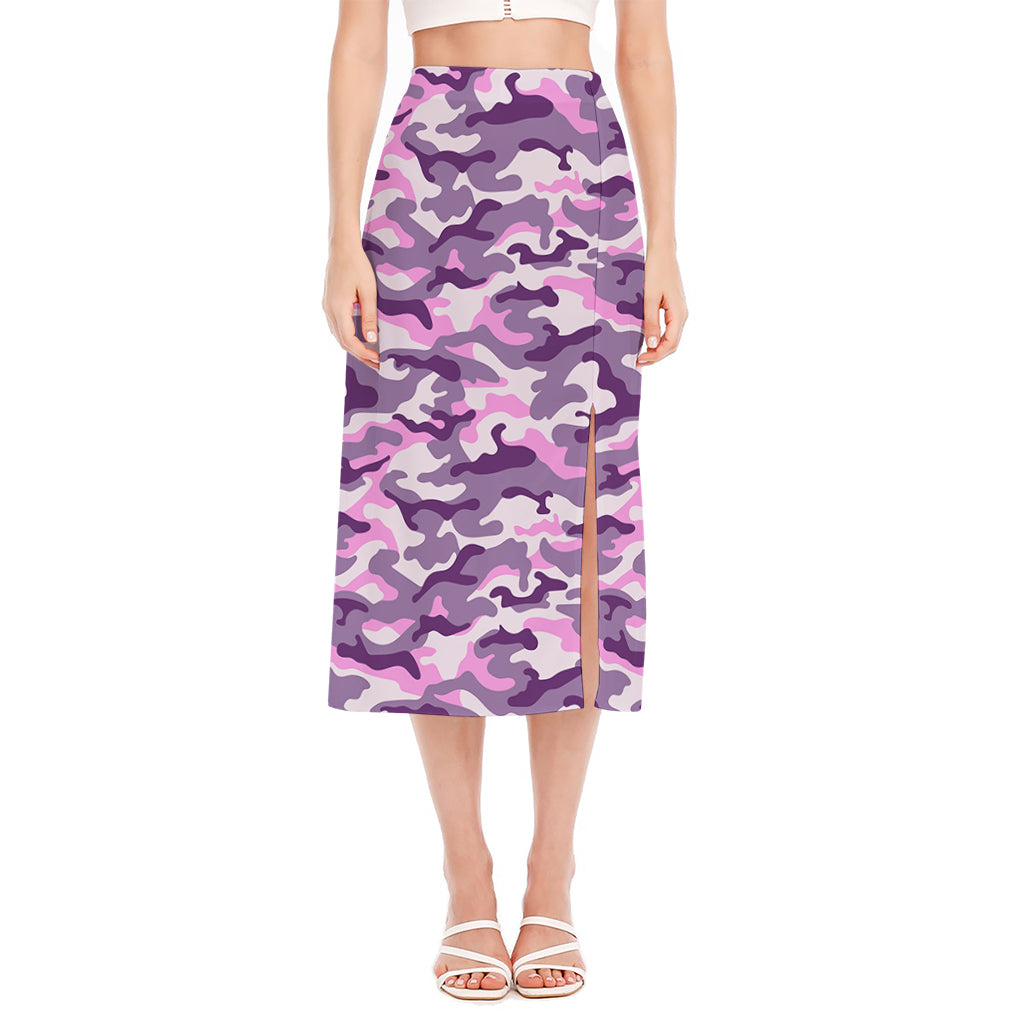 Pink Purple And Grey Camouflage Print Side Slit Midi Skirt