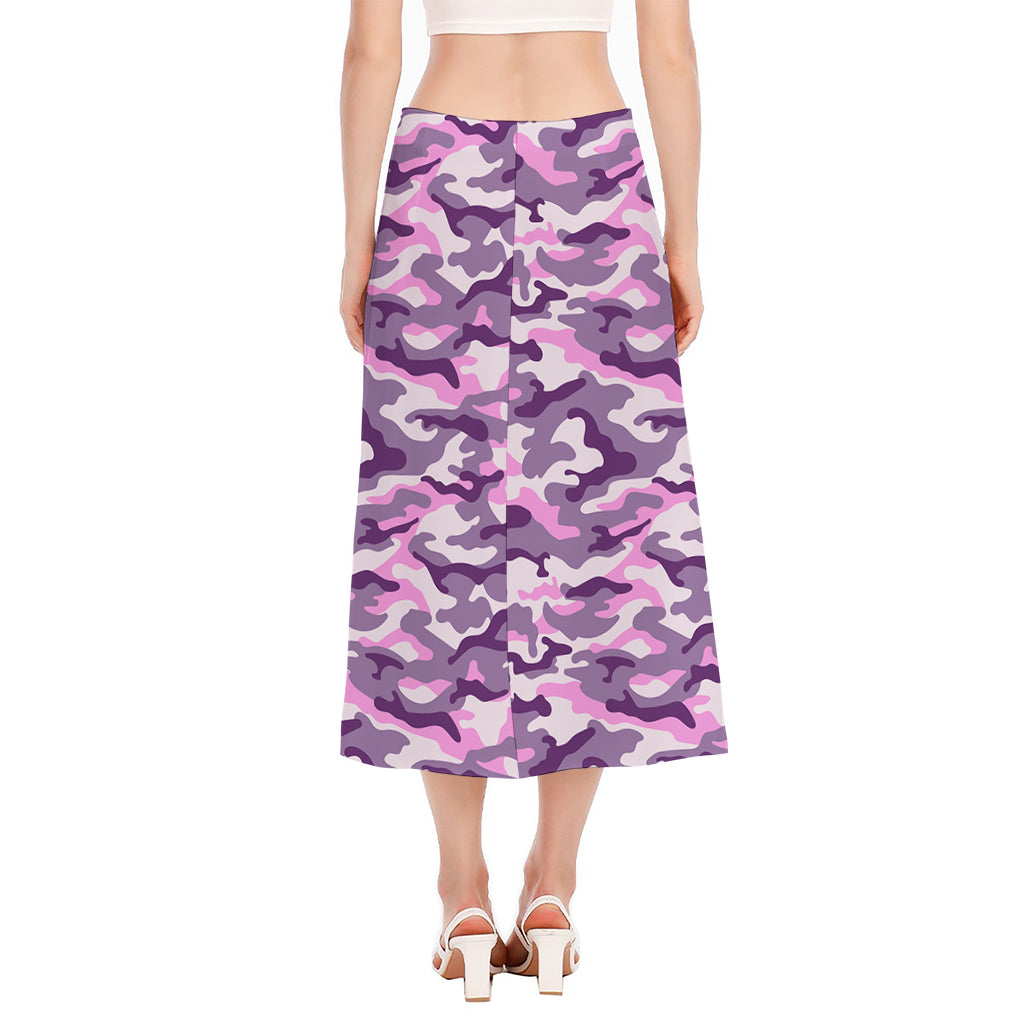 Pink Purple And Grey Camouflage Print Side Slit Midi Skirt