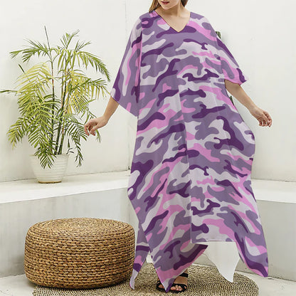 Pink Purple And Grey Camouflage Print Silk V-Neck Kaftan Dress