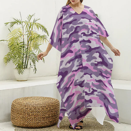 Pink Purple And Grey Camouflage Print Silk V-Neck Kaftan Dress