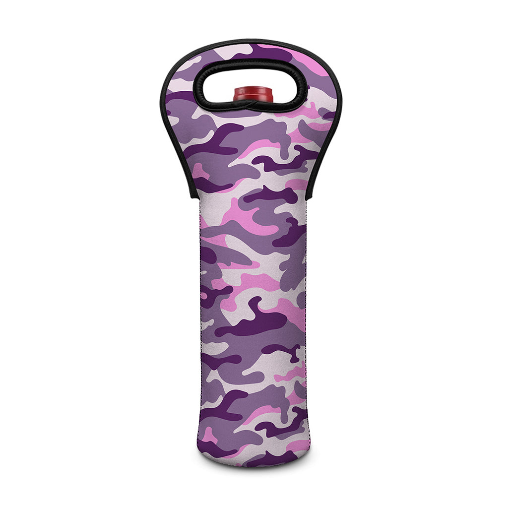 Pink Purple And Grey Camouflage Print Single Neoprene Wine Tote