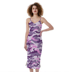 Pink Purple And Grey Camouflage Print Slim Fit Midi Cami Dress
