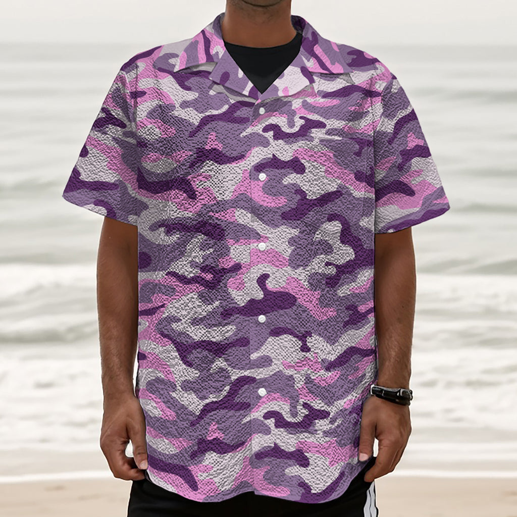 Pink Purple And Grey Camouflage Print Textured Short Sleeve Shirt